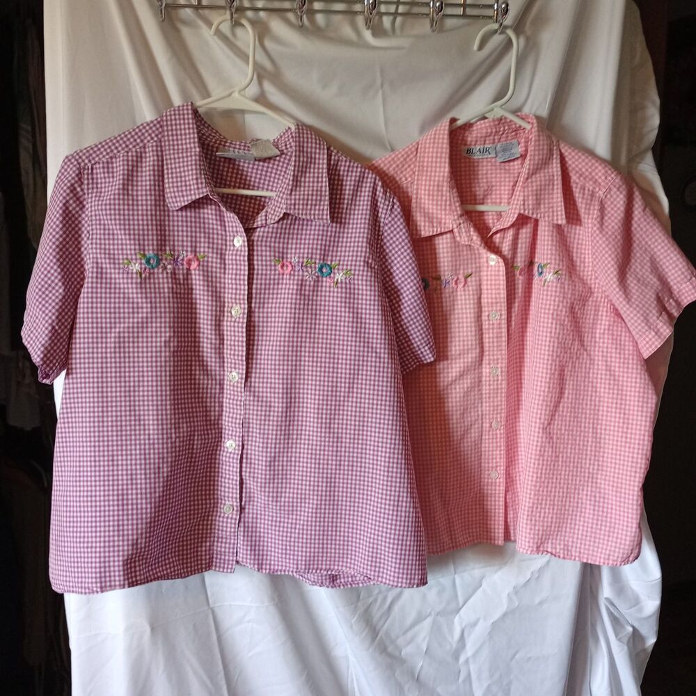 Lot of 2 Blair Women's Button Up Blouses XL Pink Purple Check Embroidered VTG